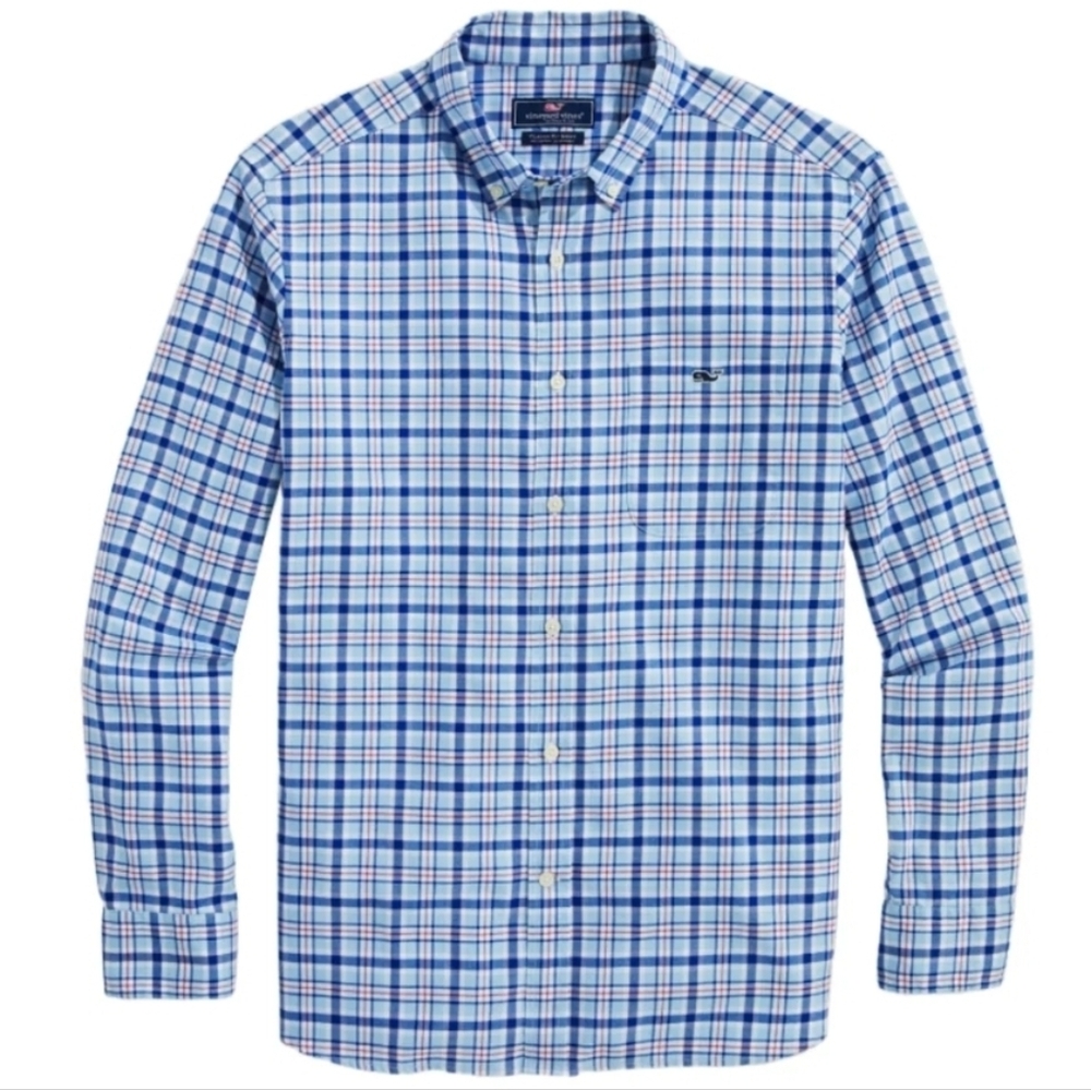 Vineyard Vines "Classic Fit Plaid Twill Long Sleeve Shirt" Blue | Men's Size M